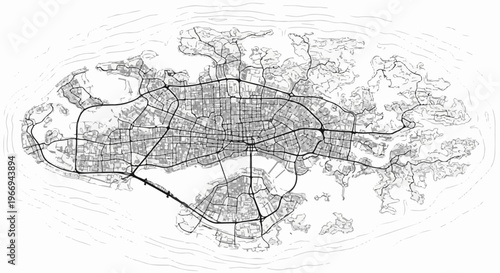 Detailed monochrome map depicting a complex urban layout with intricate road networks and surrounding water
