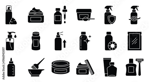 Modern silhouette icons showcasing a wide range of personal hygiene and selfcare essentials such as moisturizers, droppers, pump bottles, hair dye kits, and razors, suitable for graphic