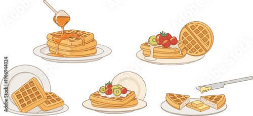 Delicious waffle breakfast set with syrup honey fruits butter sweet dessert food collection hand drawn vector illustration