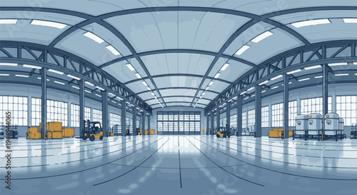 Expansive, high-ceilinged industrial warehouse interior with natural light, forklifts, and cargo