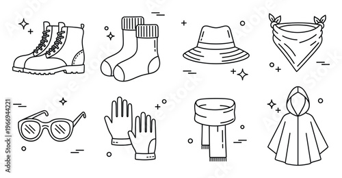 A collection of essential outdoor and winter clothing items and accessories presented as modern line icons, perfect for web pages, travel guides, and ecommerce applications.