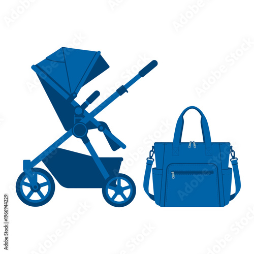 A baby stroller and matching diaper bag against a clean background, symbolizing parenting and childcare essentials