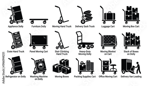 Comprehensive collection of various moving and delivery equipment icons featuring diverse dollies, hand trucks, and carts for transporting different items, ideal for logistics and