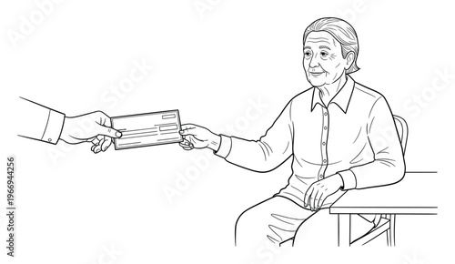 An elderly smiling woman is presented with a payment check by another individual, illustrating concepts of pension, financial assistance, or retirement income for marketing and educational