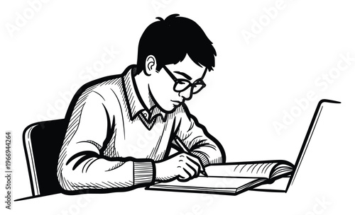 Young man with glasses diligently studying and taking notes in a notebook on a desk, perfect for educational materials, learning concepts, or academic themes.
