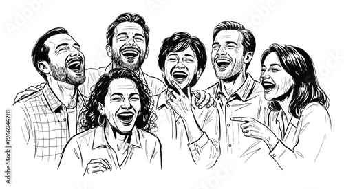 Diverse group of happy adult friends or colleagues laughing together sharing a joyful moment of sincere connection and positive interaction