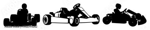 Go kart set with black silhouette on white background featuring racing, motorsport, sports with vector graphic illustration and design