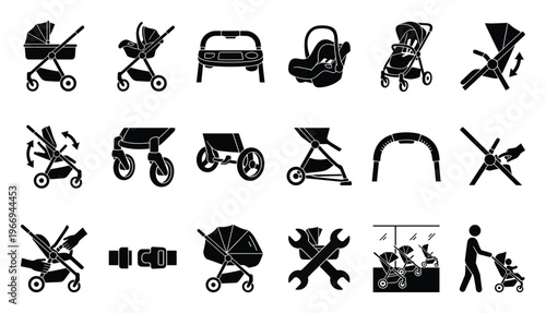 Comprehensive black and white icon set illustrating baby strollers, infant car seats, and essential features for safe travel and convenient parenting solutions