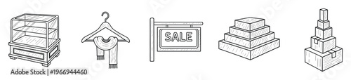 A compilation of sketched retail and shopping symbols featuring a display cabinet, a clothes hanger with a scarf, a sale sign, stacked products, and delivery boxes, ideal for various