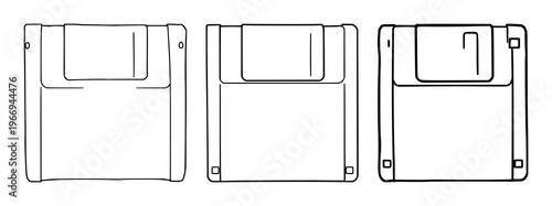 Floppy disk set with black line art illustration featuring 8-inch floppy disk, computer hardware, data storage with vintage and modern