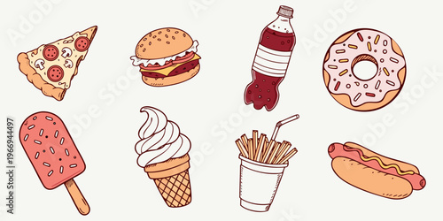 Vector illustration set of Easter eggs and Christmas icons featuring festive balls alongside sweet bakery desserts like cupcakes, chocolate candy, and cartoon fast food icons.