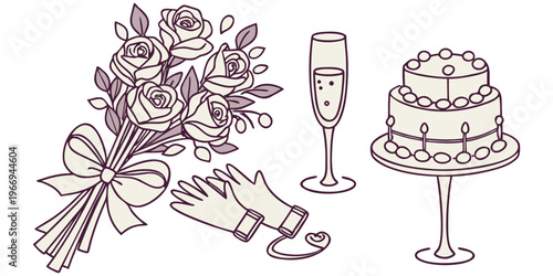 Hand drawn vector illustration set of kitchen utensils and celebration drinks featuring wine glasses, champagne bottles, and cocktail tools for a wedding party or anniversary card design.