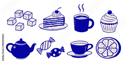 Hand drawn vector illustration set of food and drinks featuring coffee cups, tea mugs, and breakfast icons for kitchen pattern design.