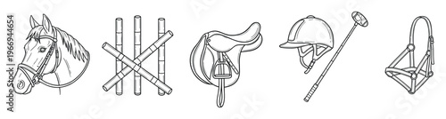 Comprehensive collection of essential equestrian sport equipment line drawings including horse head bridle saddle helmet polo mallet and halter perfect for educational resources stable