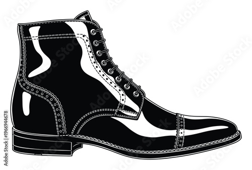 Classic black patent leather cap toe lace up dress boot with intricate brogue detailing for sophisticated menswear catalogs and upscale style guides