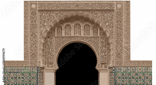 Intricate, traditional arched doorway with detailed Islamic geometric patterns