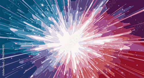 A vibrant, abstract burst of energy radiates outwards with streaks of blue, purple, and red