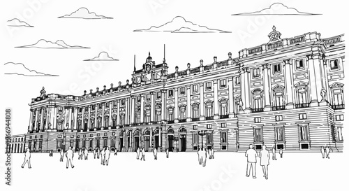 Line drawing of a grand palace with people walking in the foreground under clouds