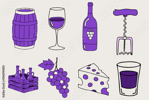 Vector illustration of a wine set featuring red bottles and glasses for a bar drink celebration icon or party beverage design.