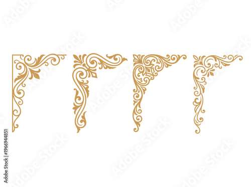 Ornamental corners in an artistic decorative design set in gold color, with floral and swirl elements against the background.