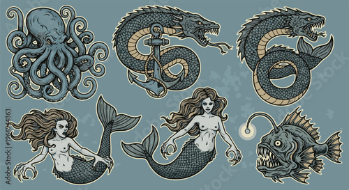 Marine monsters and mythical beings in a vintage tattoo style illustration