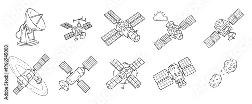 Diverse line art depicting orbital satellites, earth receiving dishes, and celestial asteroids, suitable for science education, technology concepts, and cosmic exploration visuals.