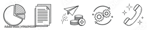 Hand drawn business icons depicting financial analysis, document management, investment growth, operational workflows, and customer service communication for corporate strategy and
