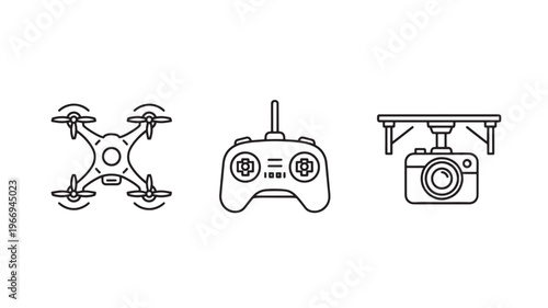 Drone Icons Set Aerial Photography UAV Quadcopter Camera and Remote Control for Technology and Filmmaking Concepts