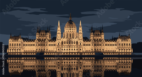 Ornate building with domes and spires reflected in water at dusk