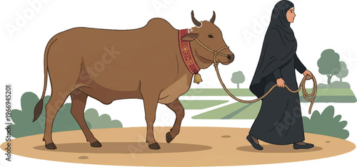 Eid ul Adha Mubarak Vector Illustration with Muslim Woman Walking Cow for Qurbani Islamic Festival Sacrifice Concept