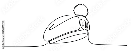 Continuous line drawing of a stylish winter knitted beanie hat with a fluffy pompom on top, perfect for winter holiday greeting cards or warm apparel advertising.