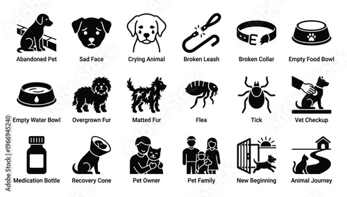 Essential iconography set illustrating pet neglect, health issues, family care, and new beginnings, ideal for educational materials, animal welfare campaigns, and informative websites