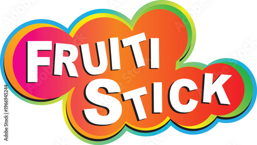 Fruiti stick fun and playful typography vector logo design with a colorful cloud shape, ideal for children's snacks or candy packaging.