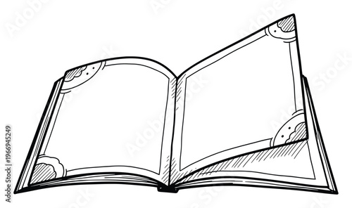 Hand drawn open book with blank pages and decorative corners provides a versatile template for education, storytelling, or custom textual content display.