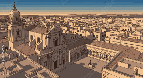 Pixelated aerial view of a bell tower, church, and courtyard with distant buildings