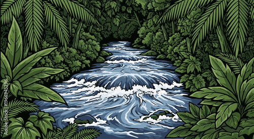 Pixelated jungle stream with dense foliage and white water rapids