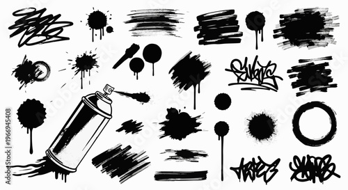 Collection of black spray paint splatters, drips, tags, and brush strokes