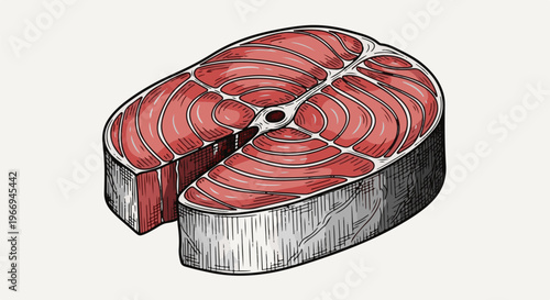 A detailed hand-drawn illustration of a thick, raw tuna steak, showcasing its red flesh and white marbling