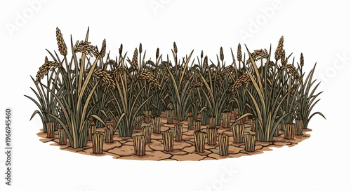 Ripened grain stalks stand tall over a cracked, barren earth