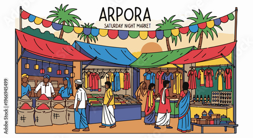 Colorful stalls with clothing and spices at a lively night market