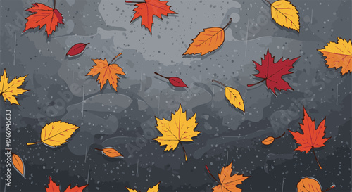 Colorful fallen autumn leaves scattered across a wet, grey surface