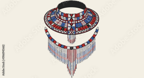 Elaborate, colorful tribal choker and dangling beaded necklace