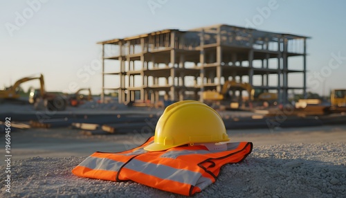 Construction site safety gear and building in the background