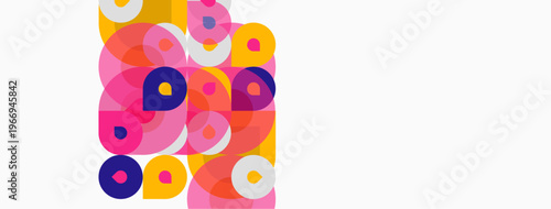Colorful overlapping circles create abstract pattern. Pink, purple, orange, yellow hues dominate white background. Modern design element.