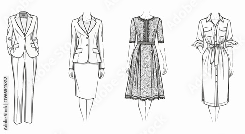 Fashion sketches of women's attire tailored suits and dresses
