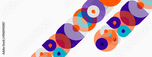 Abstract colorful overlapping circles create dynamic diagonal pattern. Bright hues suggest energy, movement, modern design.