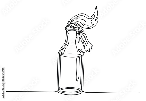 Continuous line drawing of a Molotov cocktail bottle with a lit fuse, symbolizing protest, rebellion, and social unrest, useful for graphic design projects.