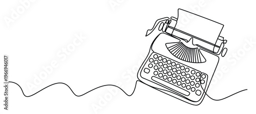 Single continuous line drawing of a vintage mechanical typewriter with paper, perfect for literary blogs, writing workshops, and creative storytelling presentations