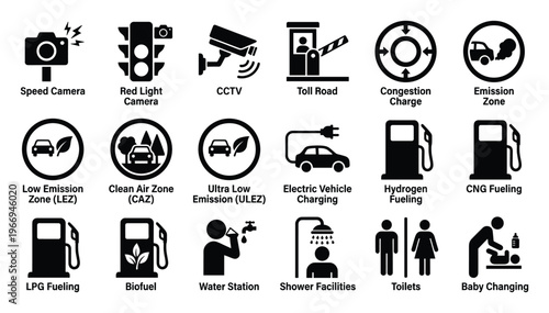 Comprehensive collection of road transportation and public facility icons for urban planning, traffic management, infrastructure development, and sustainable travel information graphics