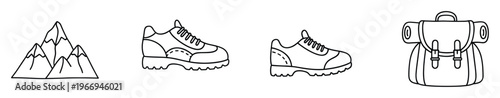 Minimalist line icons for outdoor adventure and sports activities featuring mountains, hiking boots, running shoes, and a backpack perfect for web and print graphics